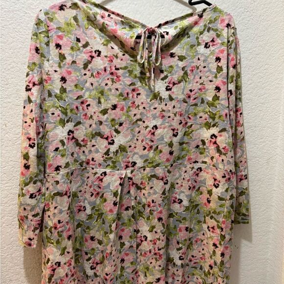 J.Jill Love Linen Floral Tie Keyhole Back 3/4 Sleeve Slubbed Knit Tunic Blouse - Picture 3 of 6